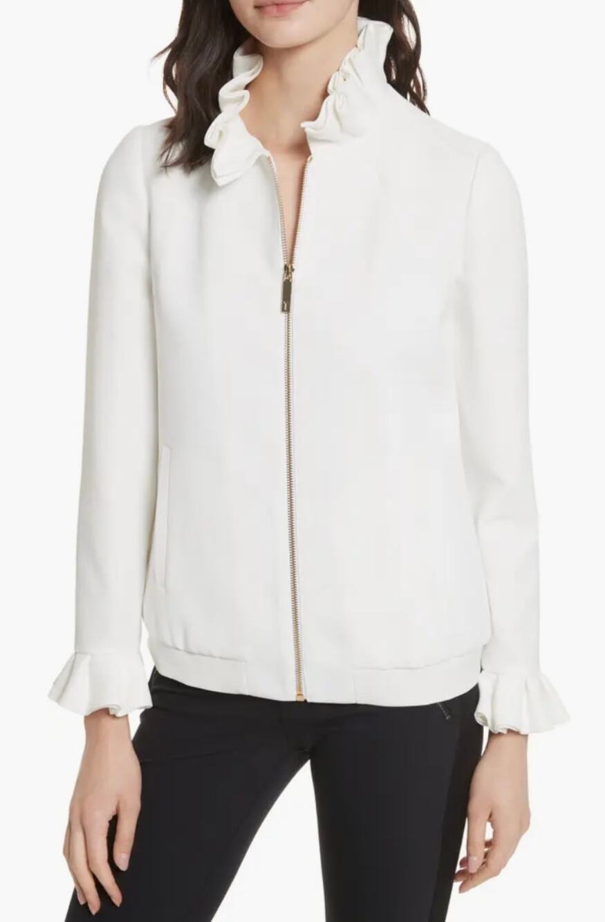 Ted Baker London Lydiah Crepe Ruffle Bomber Jacket Ivory size 2